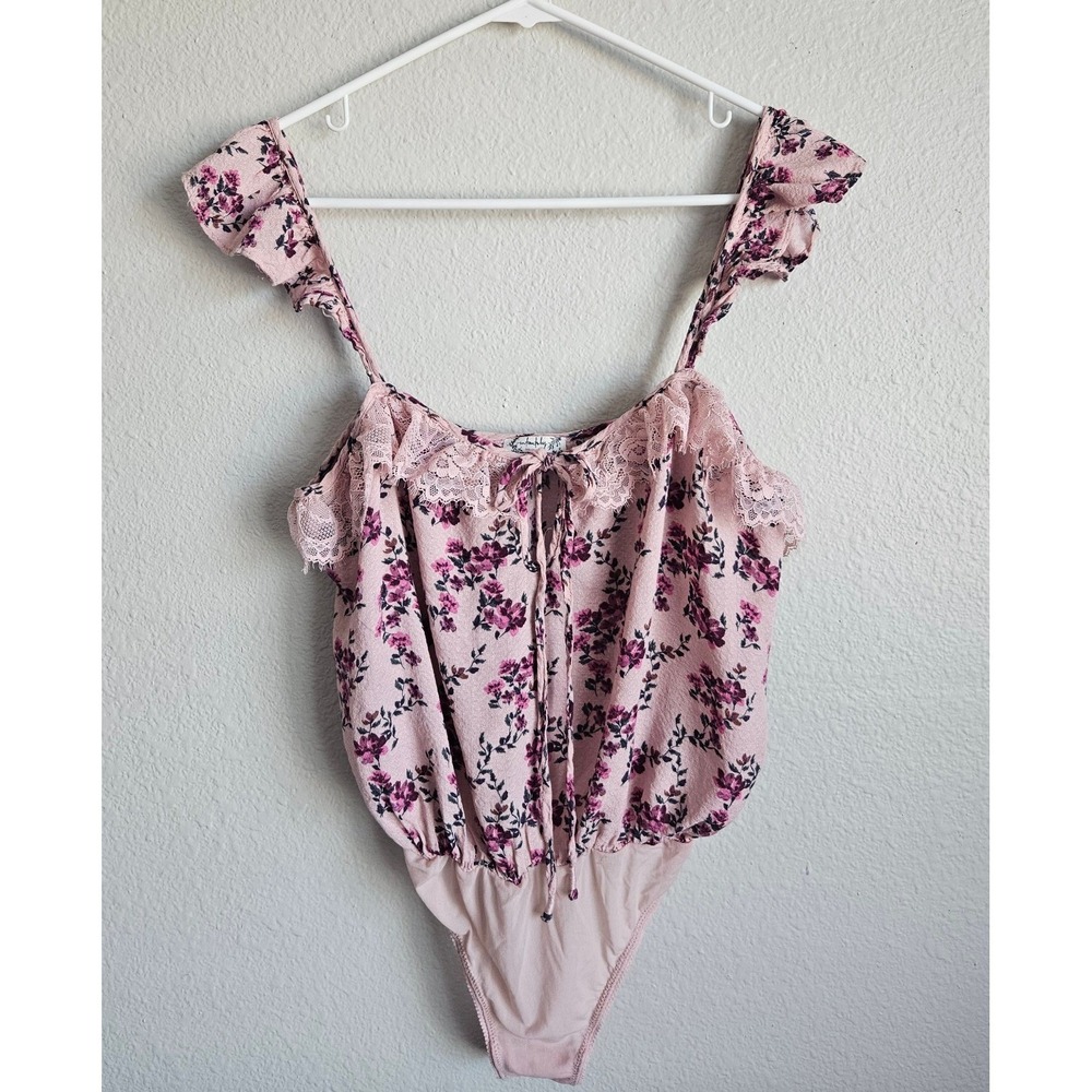 Intimately Free People Take it Away Pink Floral Bodysuit Ruffle Sleeve Size XS